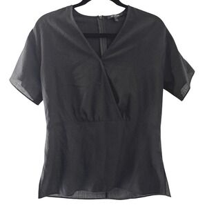 ST. JOHN Size Petite Black Textured Wrap V Neck Short‎ Sleeve Peplum Blouse Top